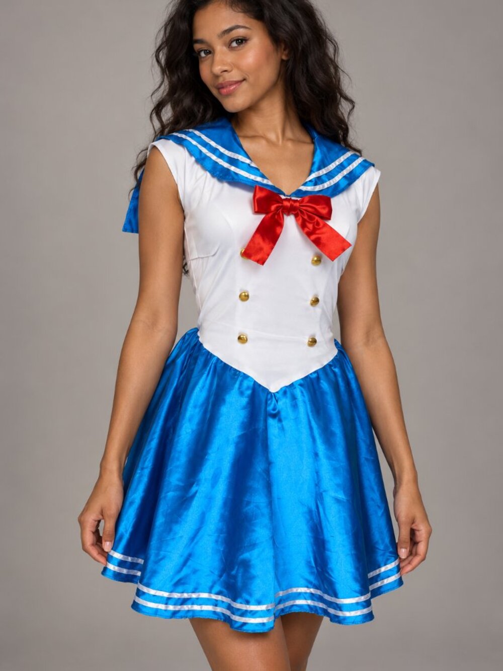 Women’s Blue White Sailor Costume Dress Red Bow Nautical Halloween Cosplay